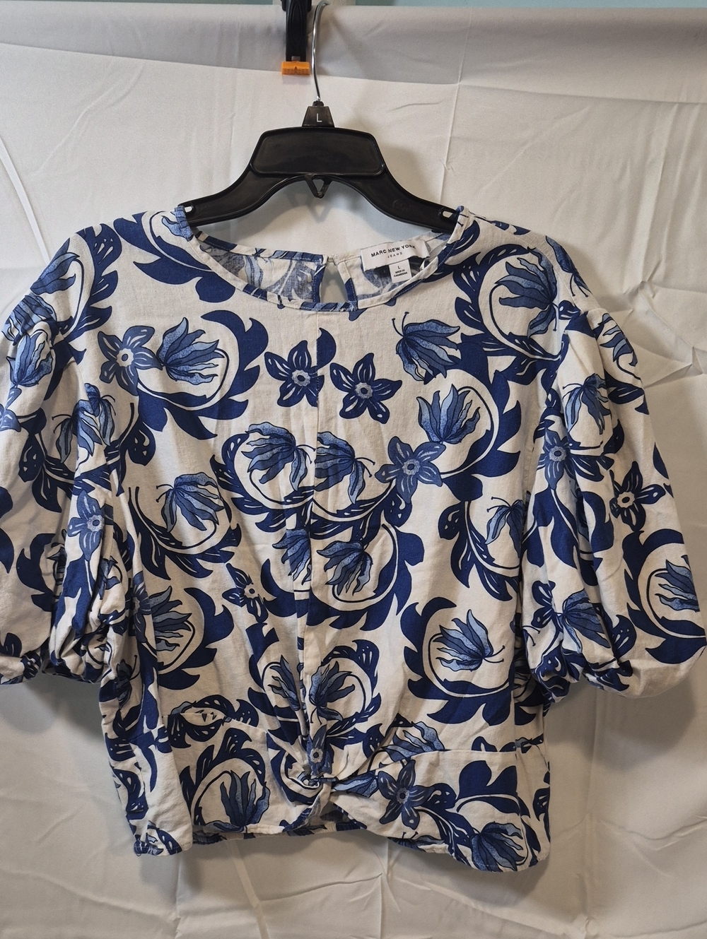 Marc New York White and Blue Floral Tie-Front Blouse